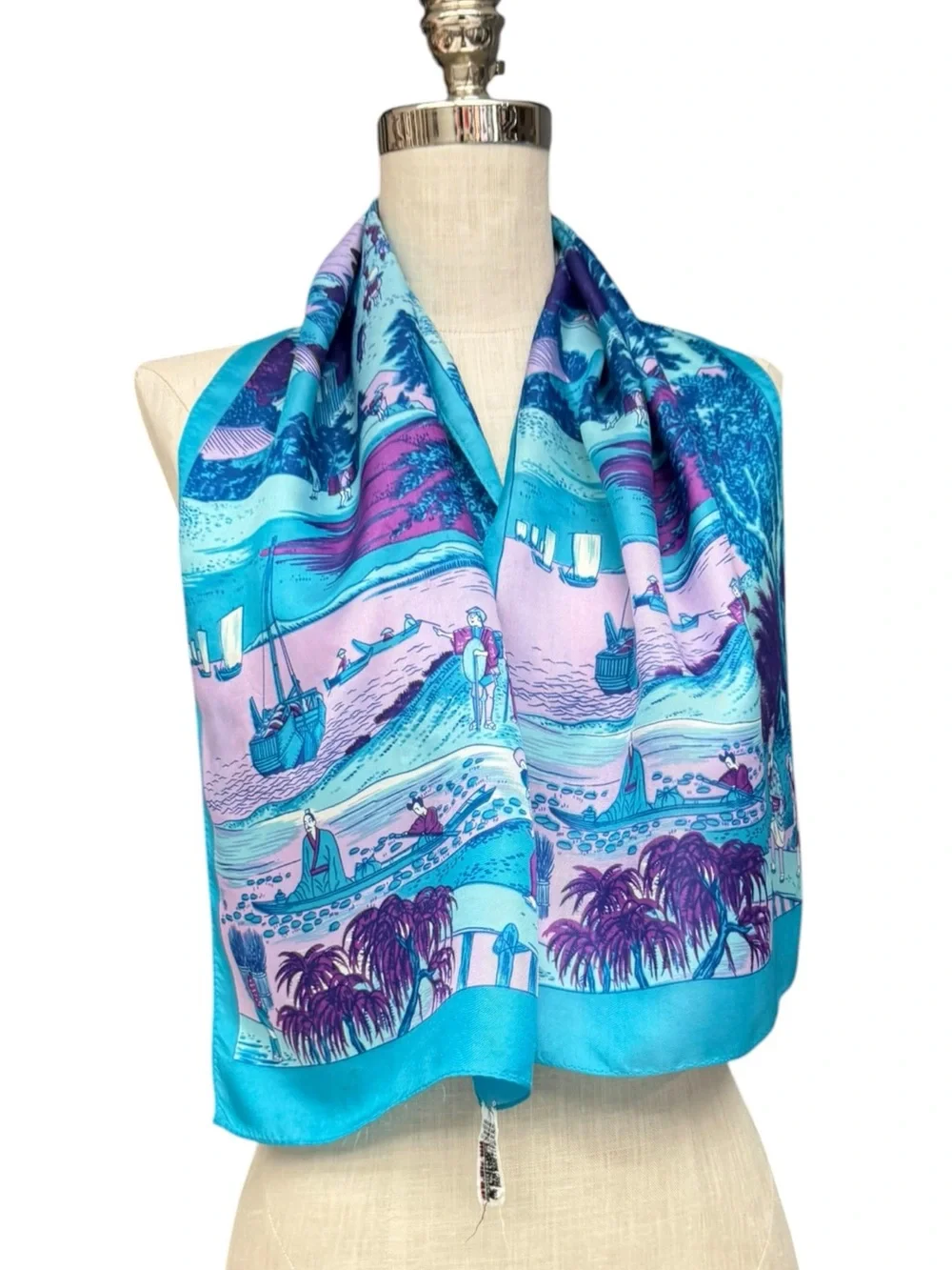 Vintage Asian Scenic Silk Blend Scarf Blue Purple Fishing Town Landscape Scene
